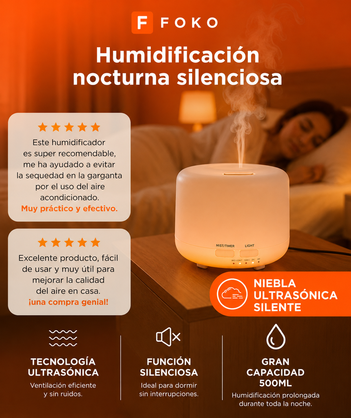 Difusor Humidificador Aromatizante LED 500ml